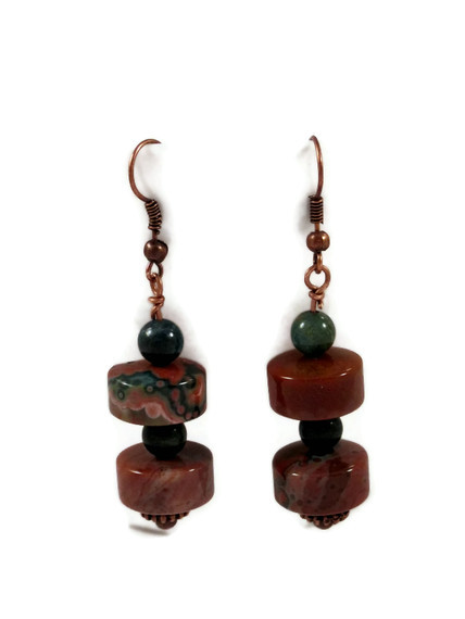Earrings, Ocean Jasper Gemstones with Antique Copper Fish Hooks