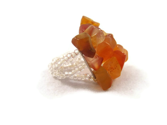 Ring, Amber Gemstone Adjustable Ring with Three Strands and Clear Seed Beads