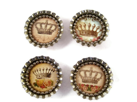 Magnets, Bottle Cap Magnets with Shabby Chic Princess Crowns, Bottle Cap Art