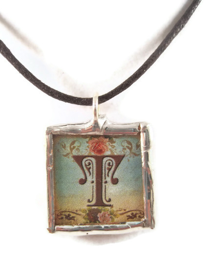 Necklace, Bohemian Shabby Chic Soldered Necklace with Letter T, Two Sided CUSTOMIZE PERSONALIZE with Your Initial