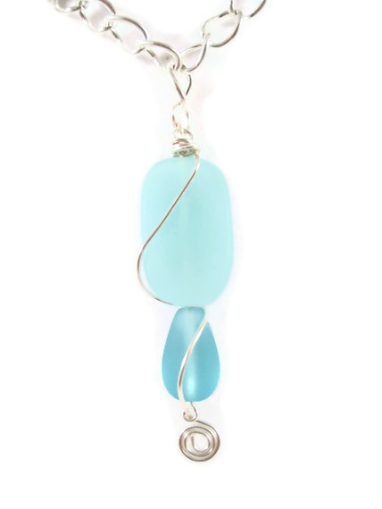 Necklace, Wire Wrapped Pendant with Light Blue Beach Glass and Bright Blue Sea Glass, Ocean, Sea Inspired
