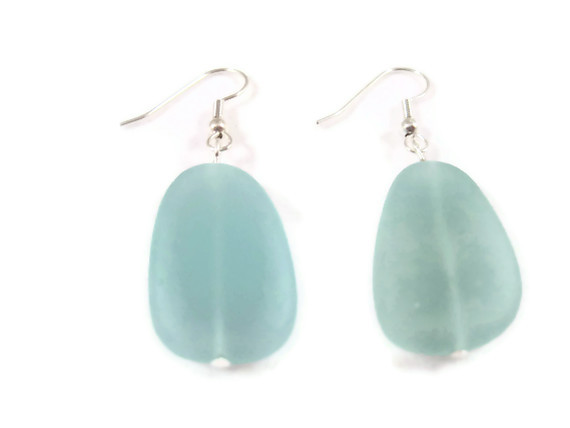 Earrings, Beach Glass Flat Nuggets, Light Blue Sea Glass Dangle Earrings, Ocean Blue