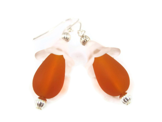 Earrings, Orange Beach Glass with Clear Lucite Flower Dangling from Silver Fish Hook Earrings