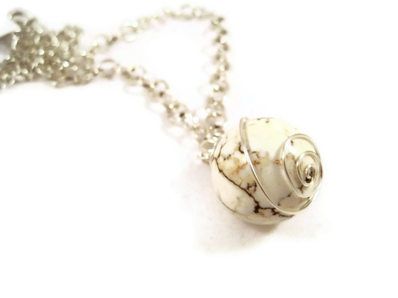 Necklace, Large Round White Turquoise Gemstone Pendant, Wire Wrapped White Ball Pendant