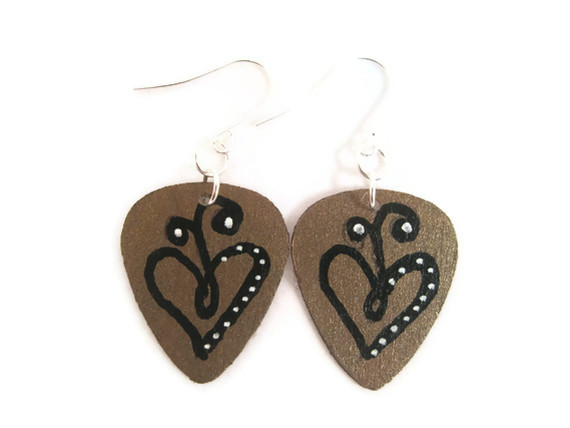 Earrings, Wood Guitar Picks Punched, Hand Painted with Heart, Henna Design, Bronze, Black, White